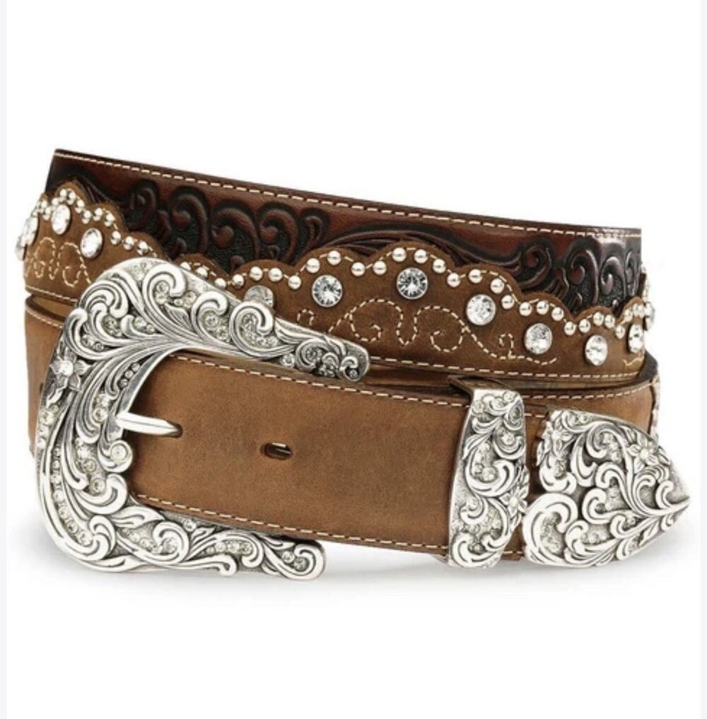ony Lama Kaitlyn Crystal Western Belt Sz 36 NWOT Suede Tooled Leather Rhinestone